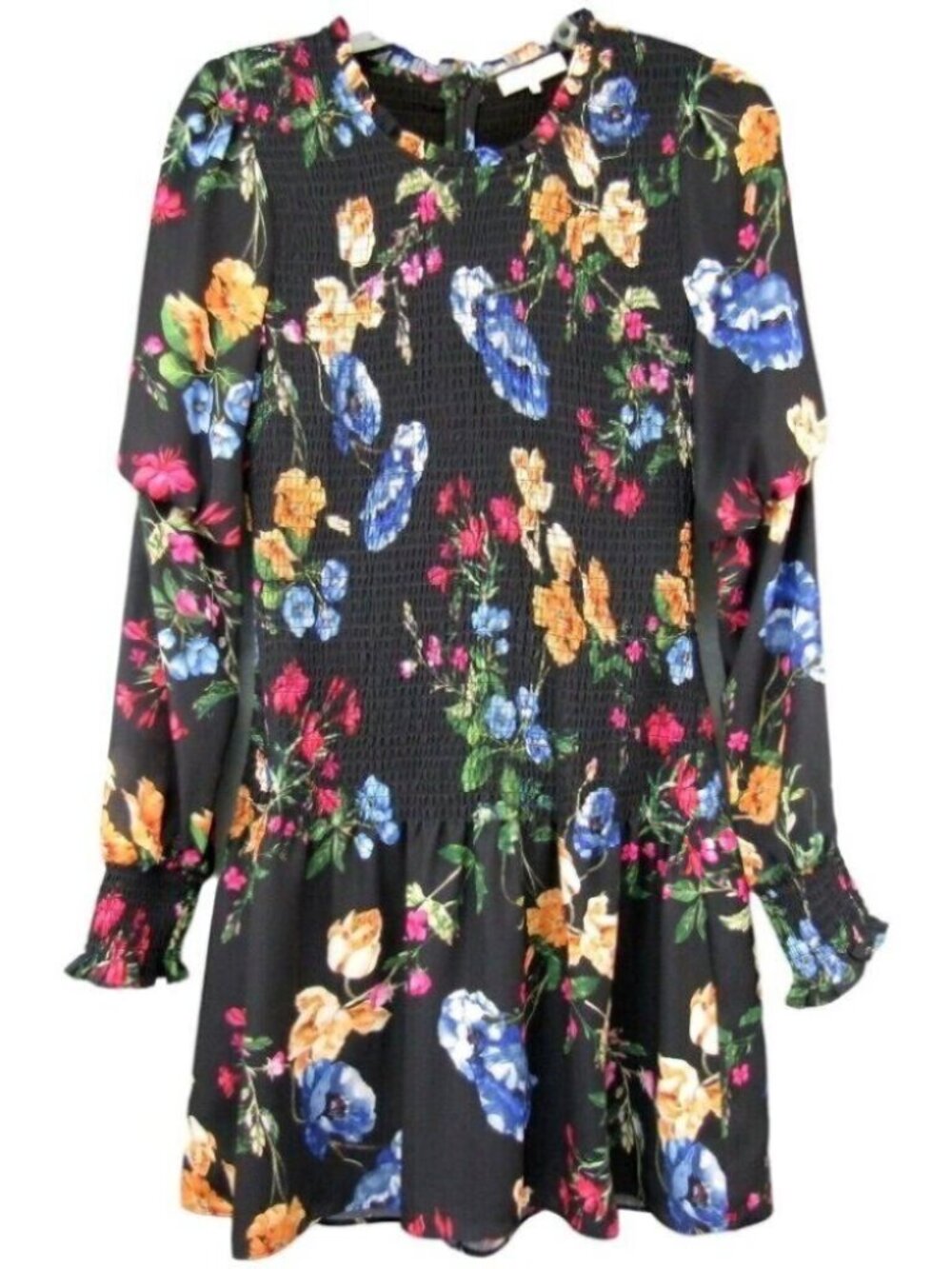 Parker Black Multicolor Floral Smocked Mini Dress Womens Size M Long Puff Sleeve
